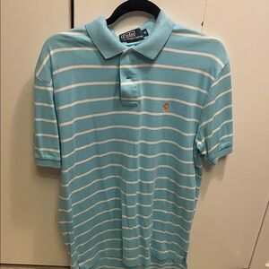 Ralph Lauren Men's Light Blue and White Striped Polo used size Medium